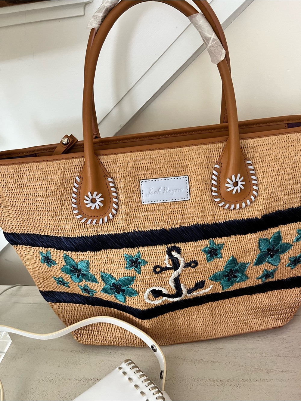 NEW Jack Rogers Tan Straw Tote with Teal Floral & Navy Anchor Embroidery